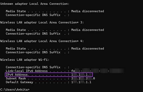 Введите команду "ipconfig" и найдите IPv4-адрес