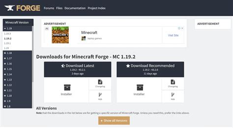 Выберите версию Minecraft Forge и определите Minecraft