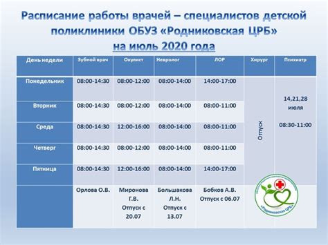 График работы платного приема в областной детской поликлинике