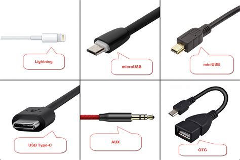 Различные типы зарядных разъемов: микро USB, USB-C и Lightning